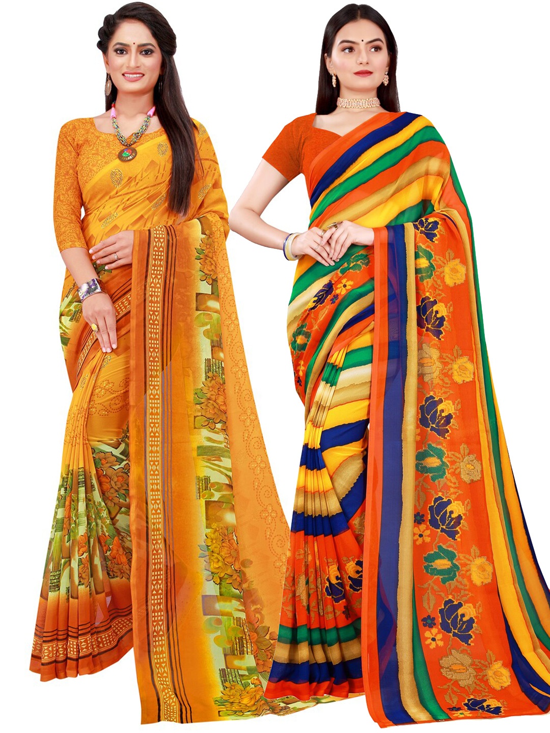 

Florence Yellow & Multicoloured Striped Pack of 2 Pure Georgette Saree