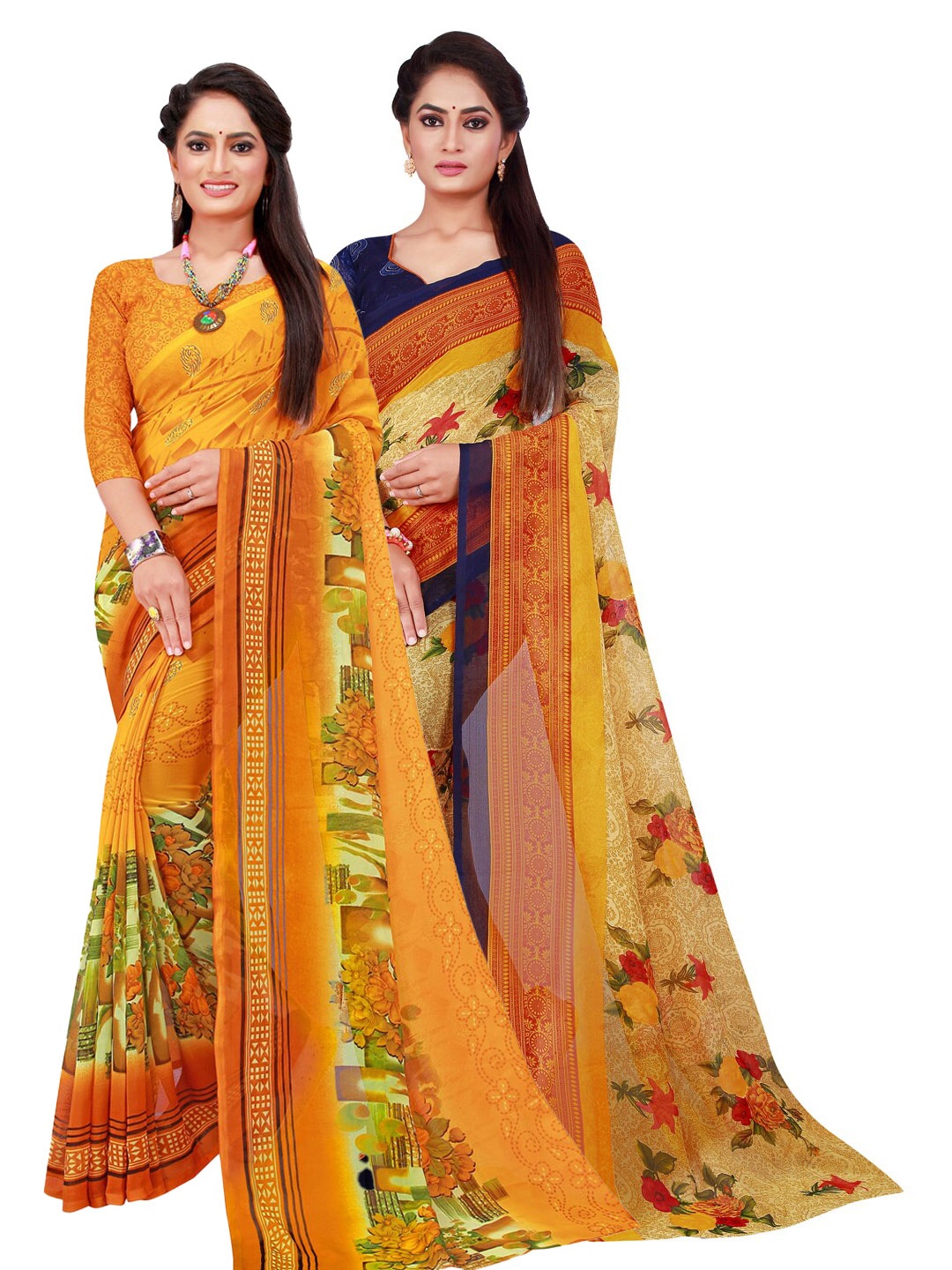 

Florence Pack Of 2 Yellow & Blue Printed Pure Georgette Saree