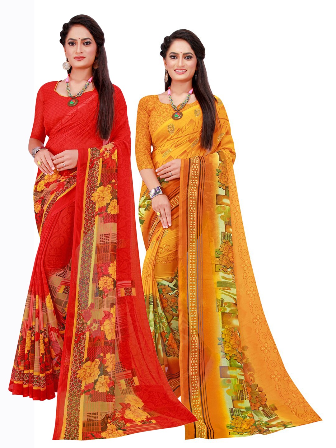 

Florence Yellow & Red Set of 2 Pure Georgette Saree