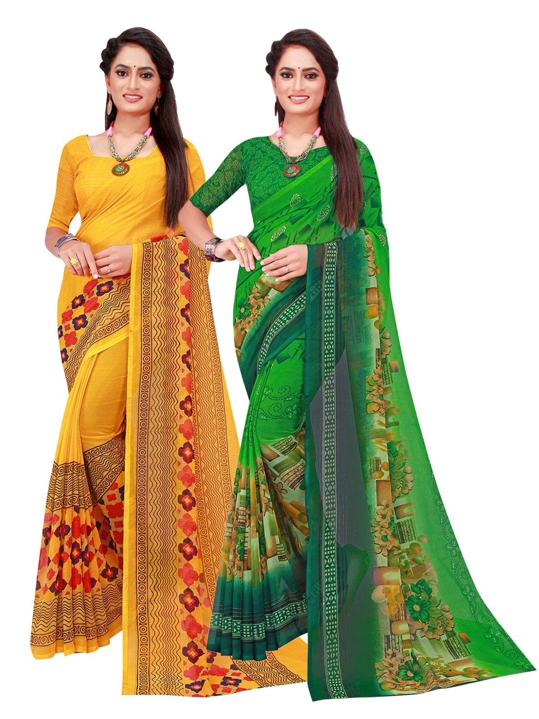

Florence Pack Of 2 Green & Yellow Printed Pure Georgette Saree