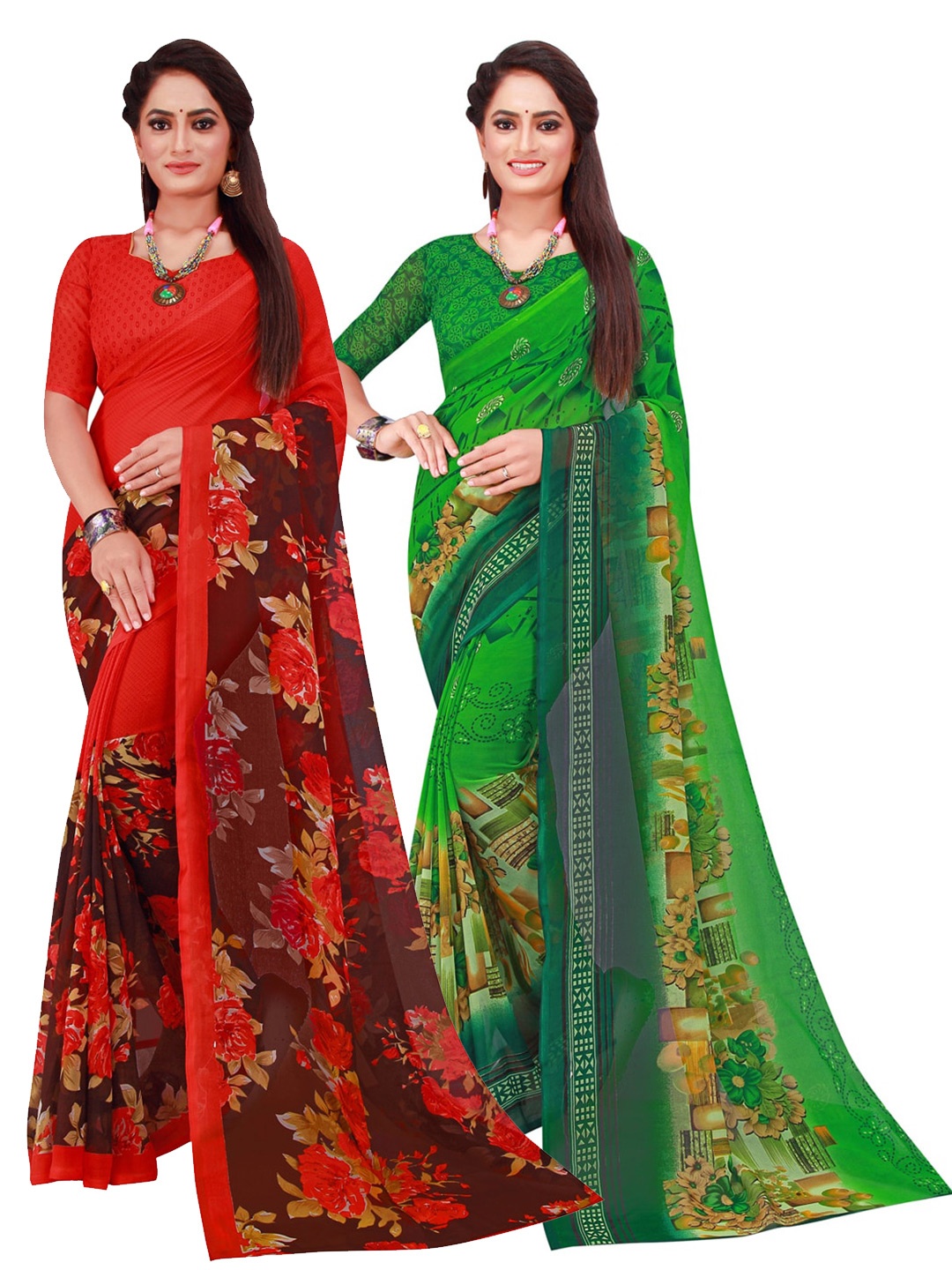Florence Green & Red Set Of 2 Floral Pure Georgette Saree