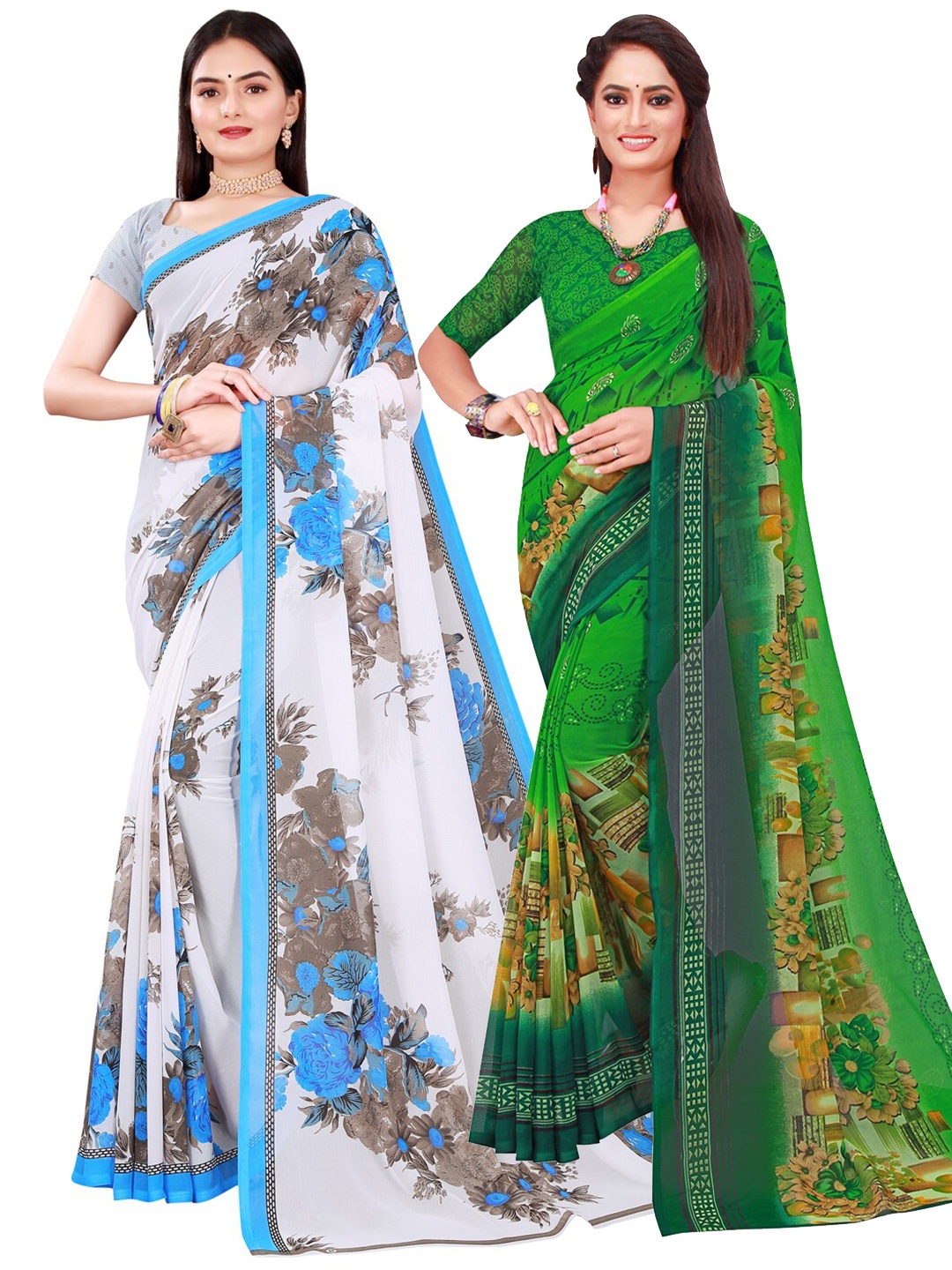 Florence Pack of 2 Green & White Floral Printed Saree