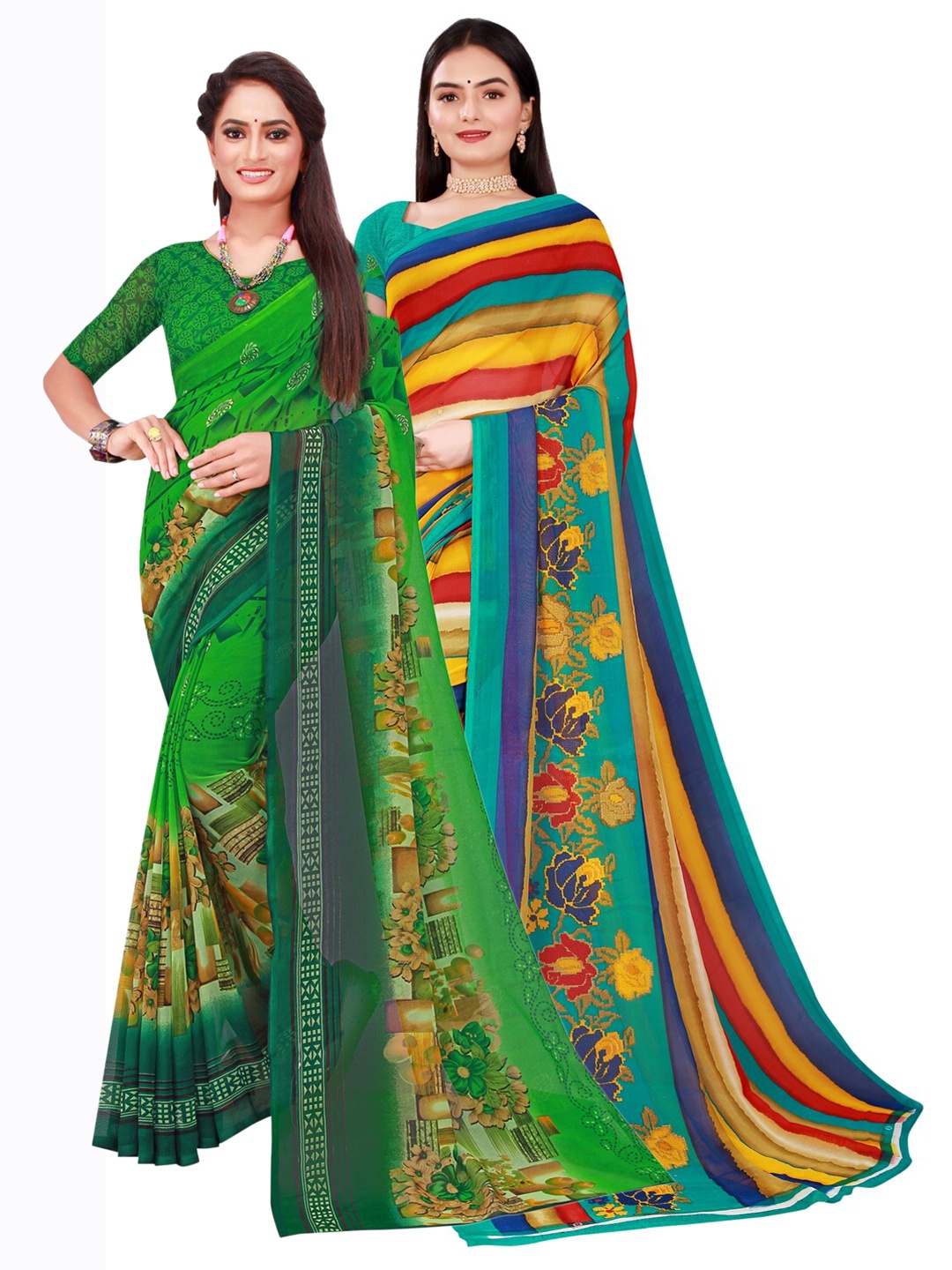 

Florence Green & Blue Set of 2 Pure Georgette Saree