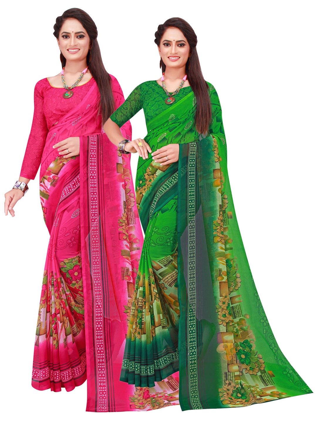 

Florence Set Of 2 Green & Magenta Floral Pure Georgette Saree