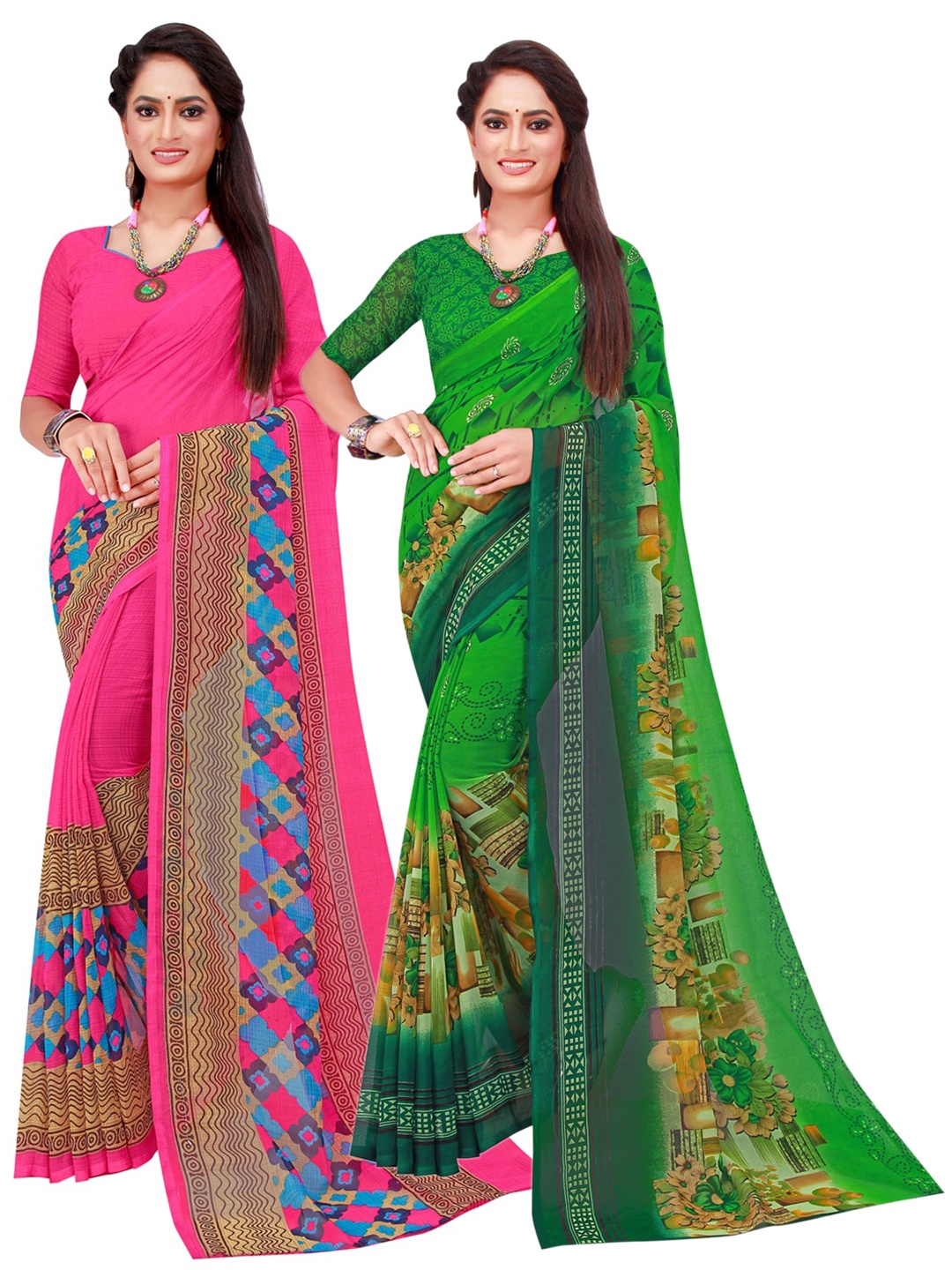 

Florence Green & Magenta Geometric Pack of 2 Pure Georgette Saree