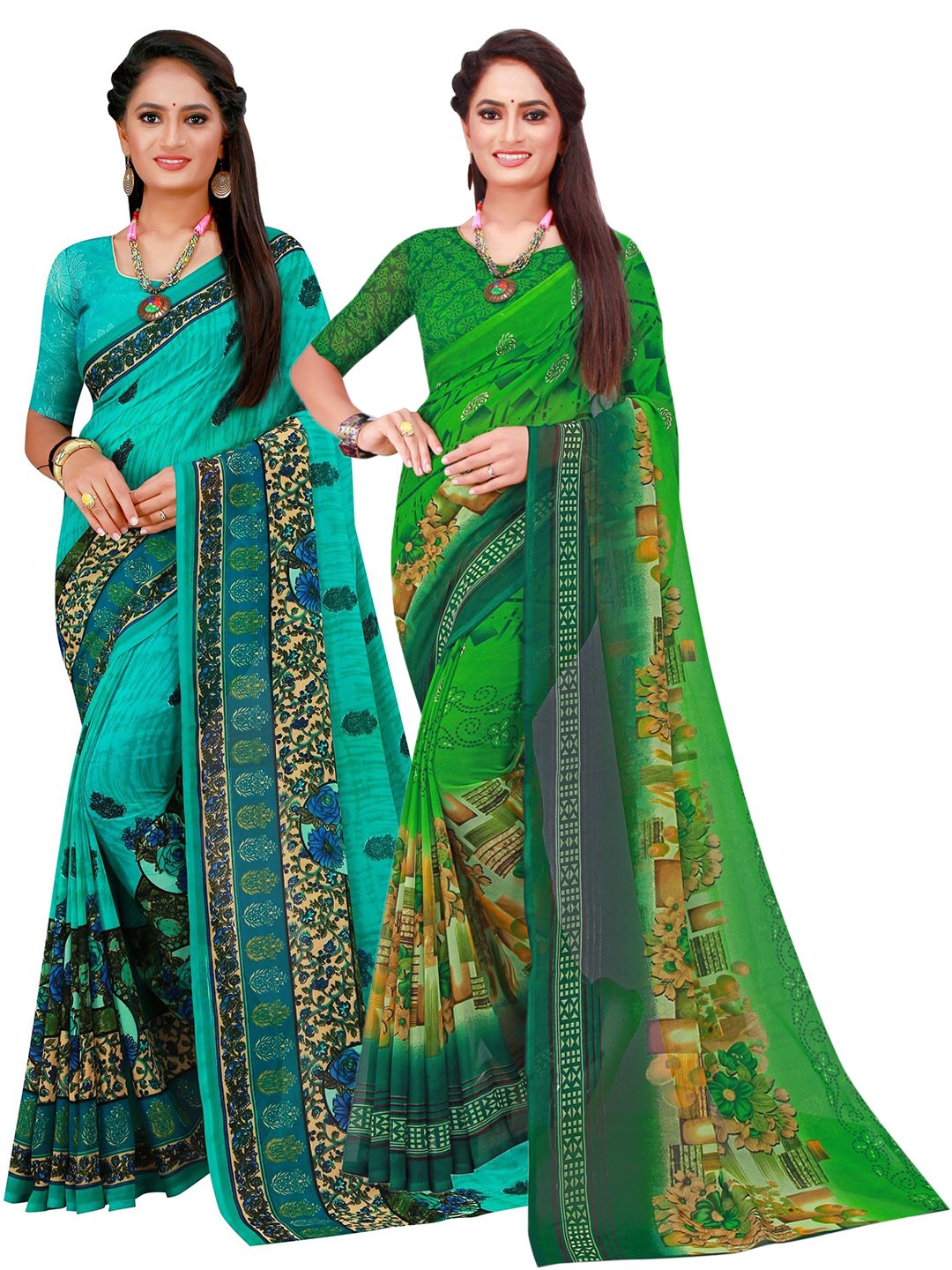 

Florence Pack of 2 Green & Blue Floral Printed Saree
