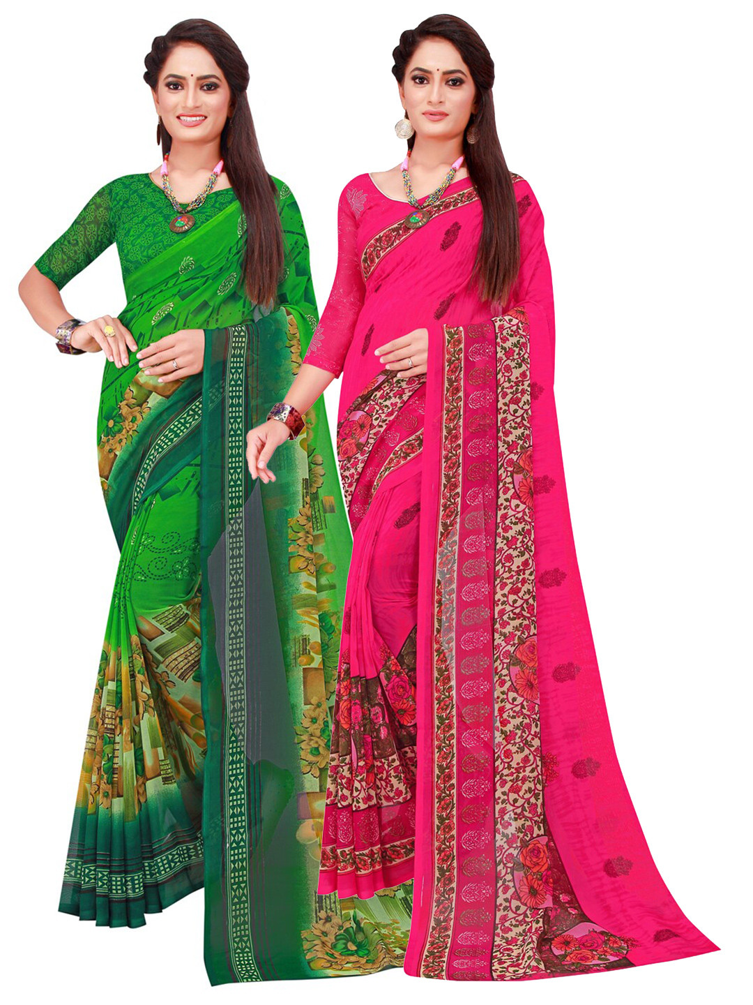 

Florence Pack Of 2 Green & Pink Printed Pure Georgette Saree