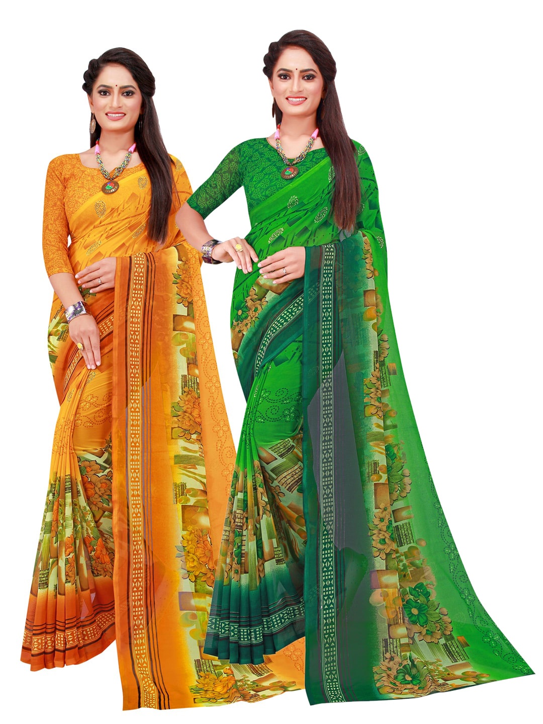 

Florence Green & Yellow Floral Set of 2 Pure Georgette Saree