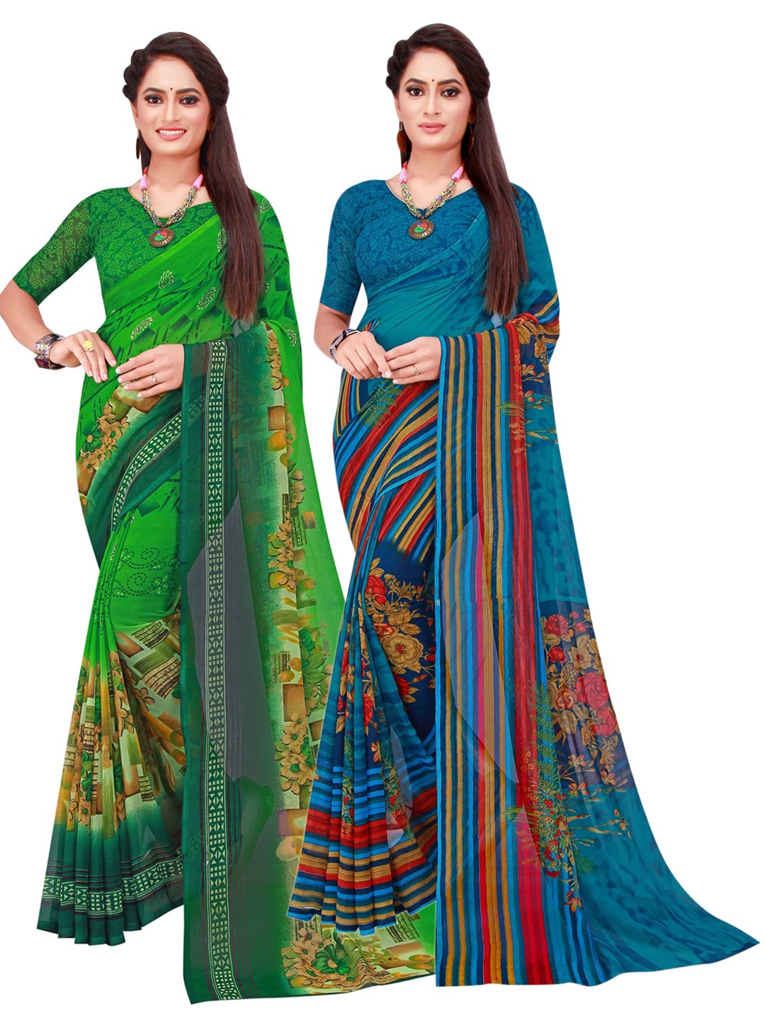 

Florence Green & Teal Floral Pure Georgette Saree