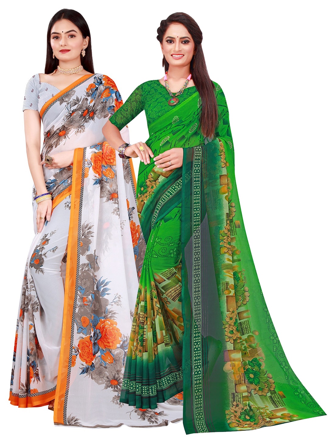 

Florence Green & White Floral Pure Georgette Saree