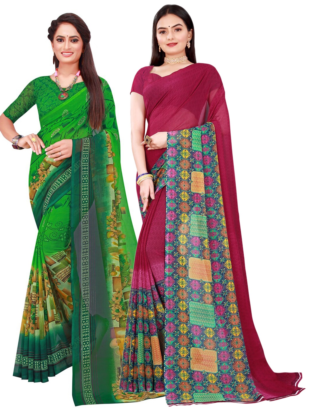 

Florence Green & Maroon Printed Pure Georgette Saree Pack Of 2