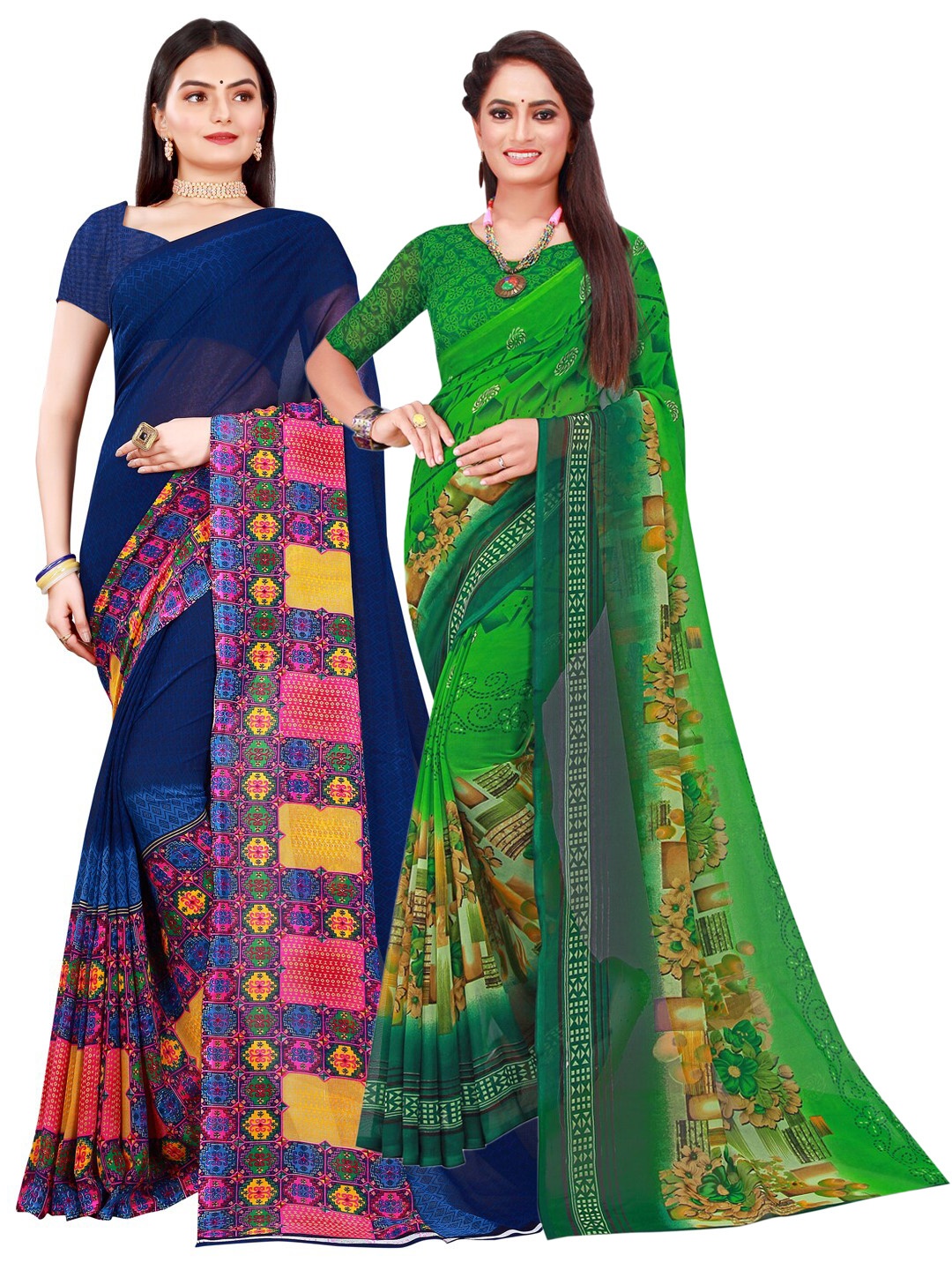 Florence Pack of 2 Pure Georgette Sarees, Green