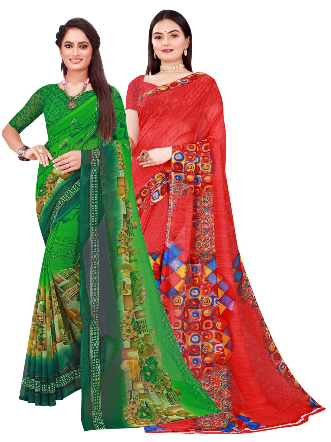 

Florence Green & Red Geometric Pack of 2 Pure Georgette Saree