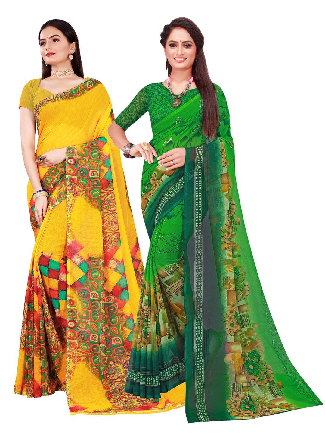 

Florence Pack Of 2 Green & Yellow Printed Pure Georgette Saree