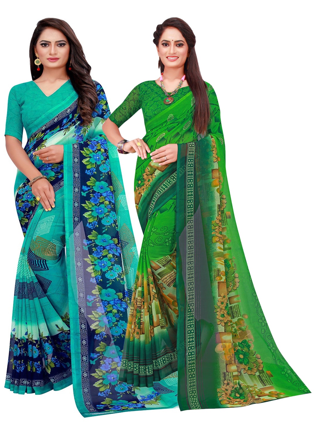 

Florence Pack of 2 Green & Teal Floral Printed Saree