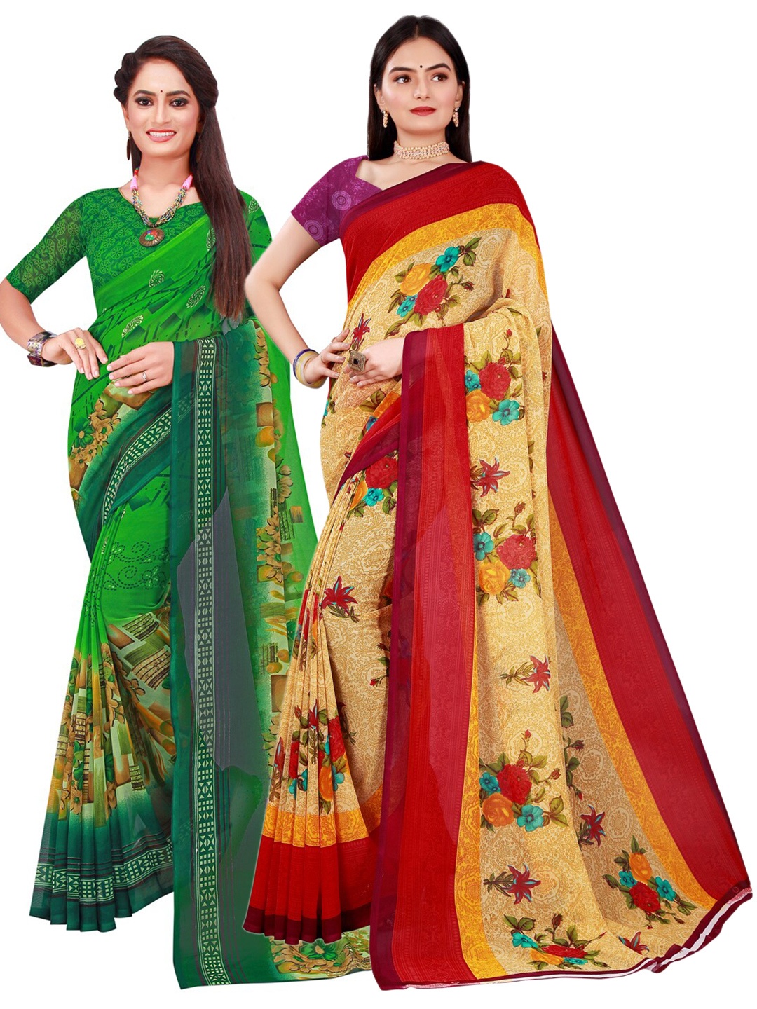 

Florence Pack of 2 Green & Peach-Coloured Pure Georgette Saree