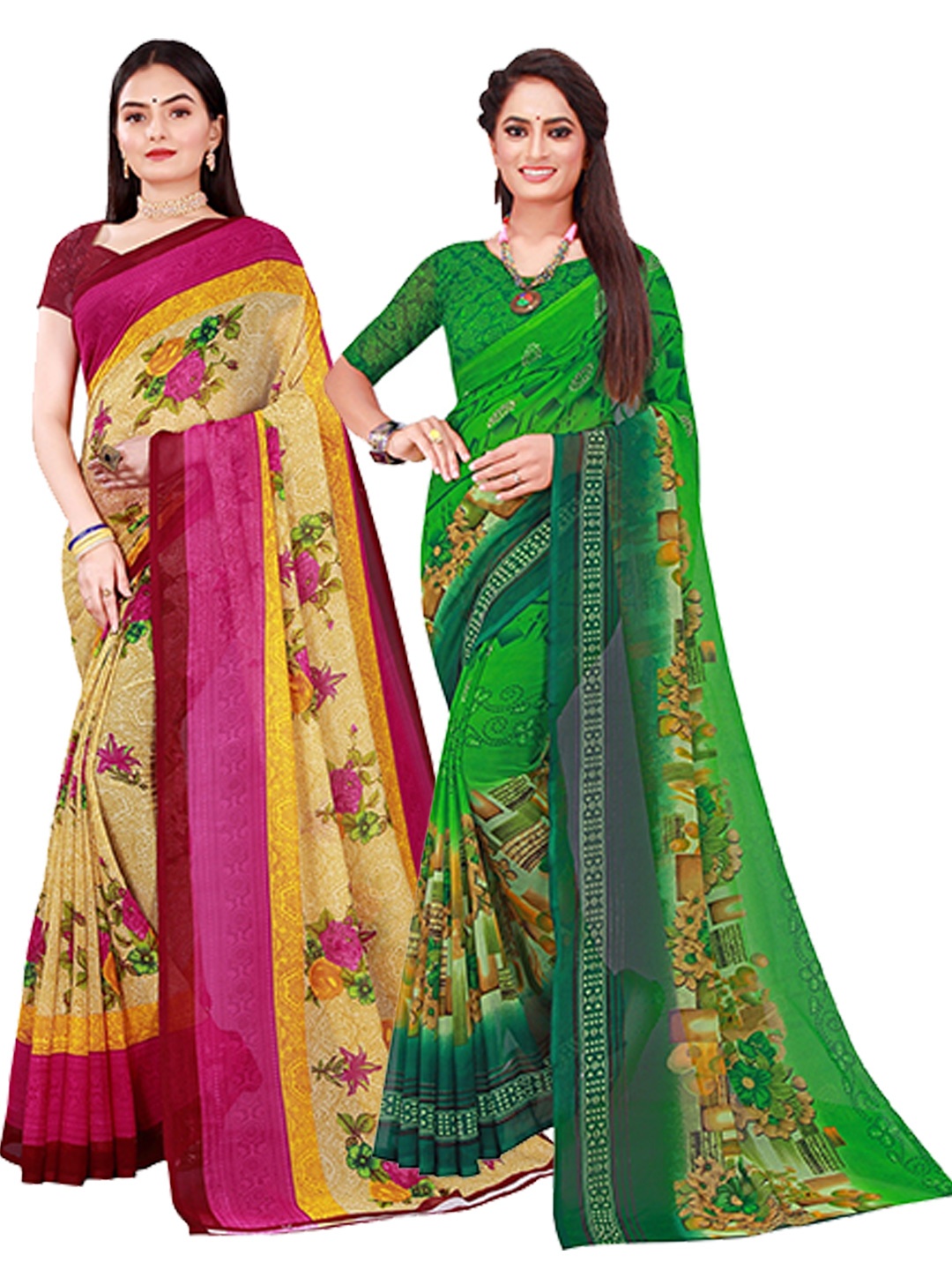 Florence Pack Of 2 Green & Beige Pure Georgette Saree