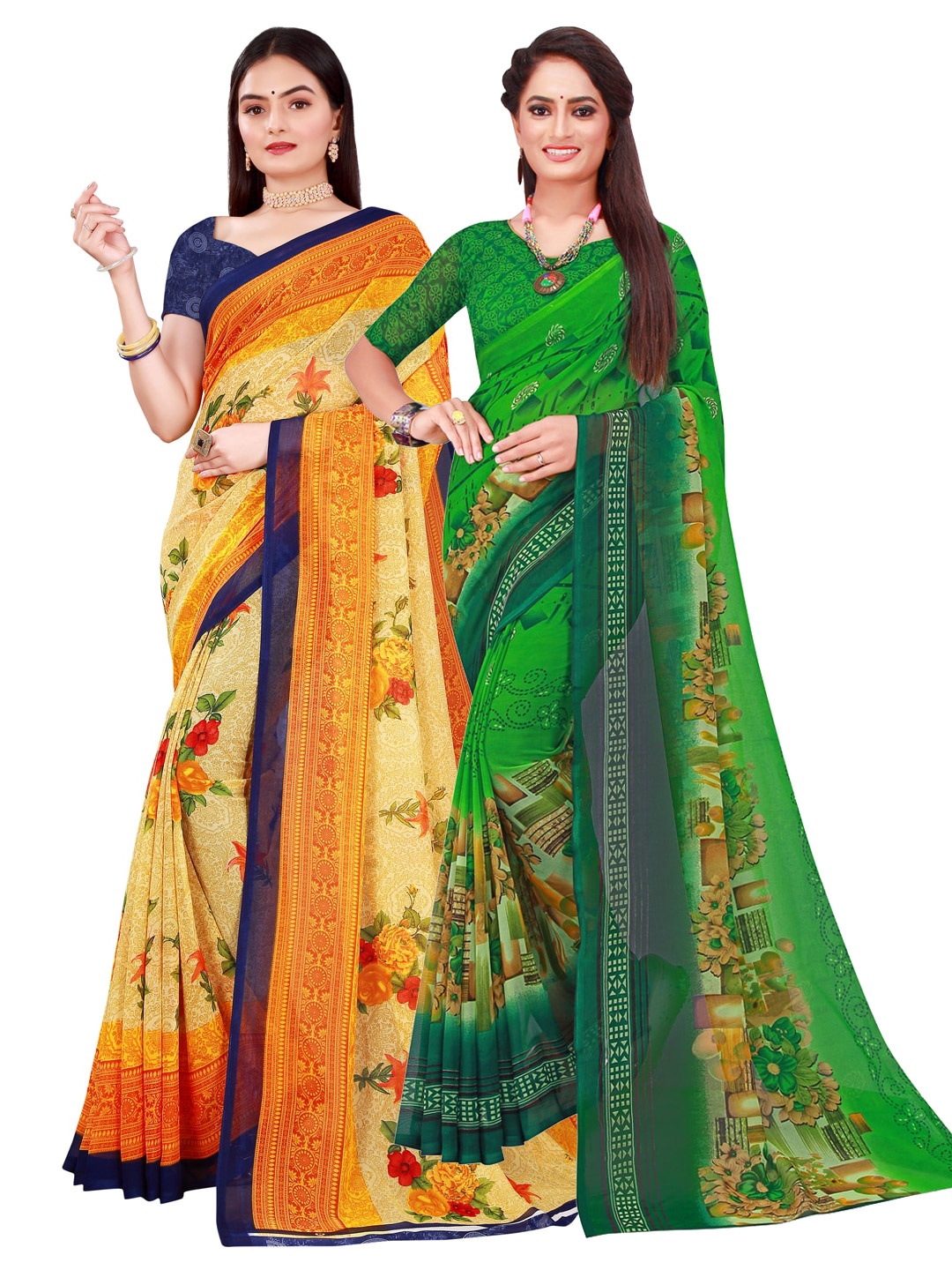 

Florence Green & Beige Pure Georgette Saree