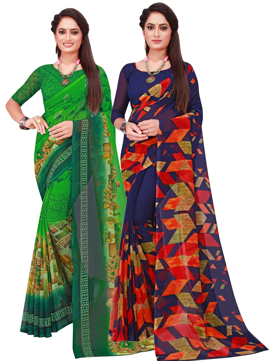 

Florence Pack Of 2 Green & Blue Pure Georgette Saree