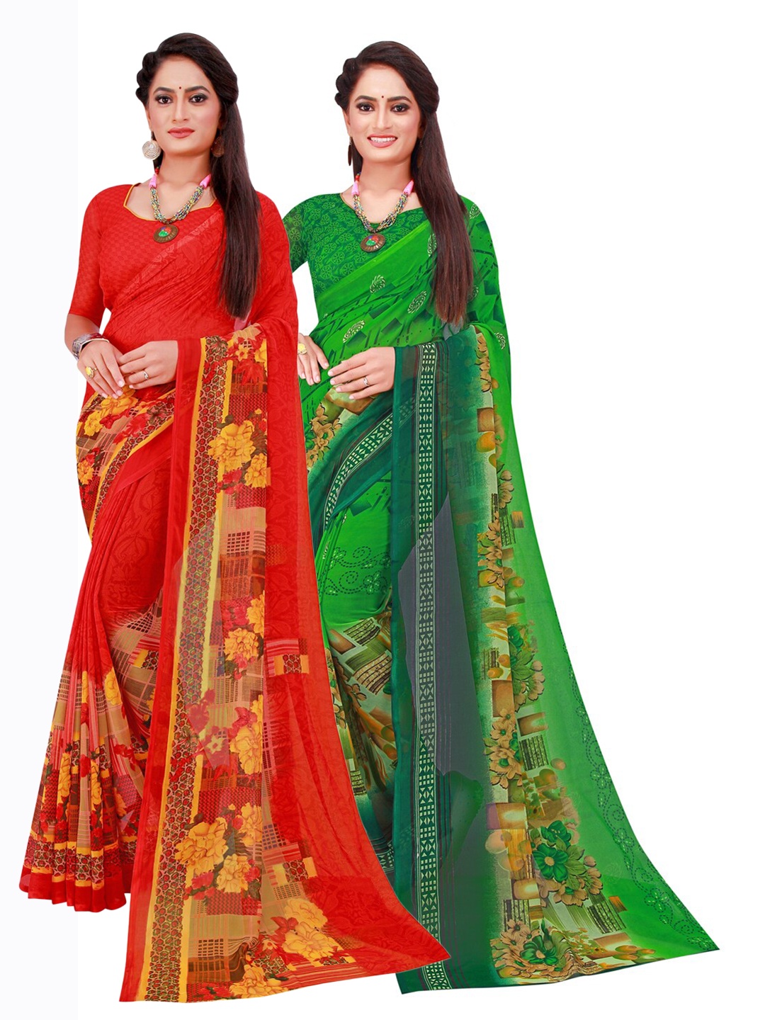 

Florence Pack of 2 Green & Red Floral Printed Saree