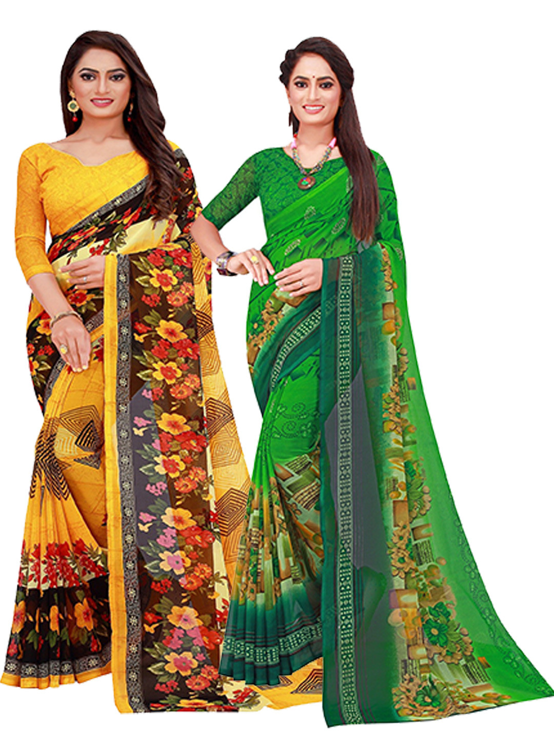 

Florence Pack of 2 Green & Yellow Pure Georgette Saree