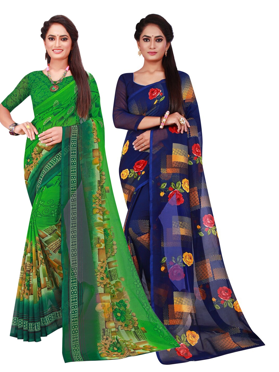 Florence Green & Blue Set of 2 Pure Georgette Saree