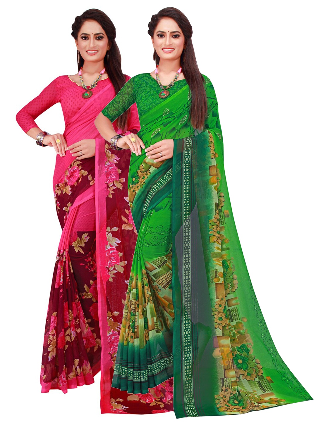 

Florence Pack Of 2 Green & Magenta Floral Pure Georgette Saree