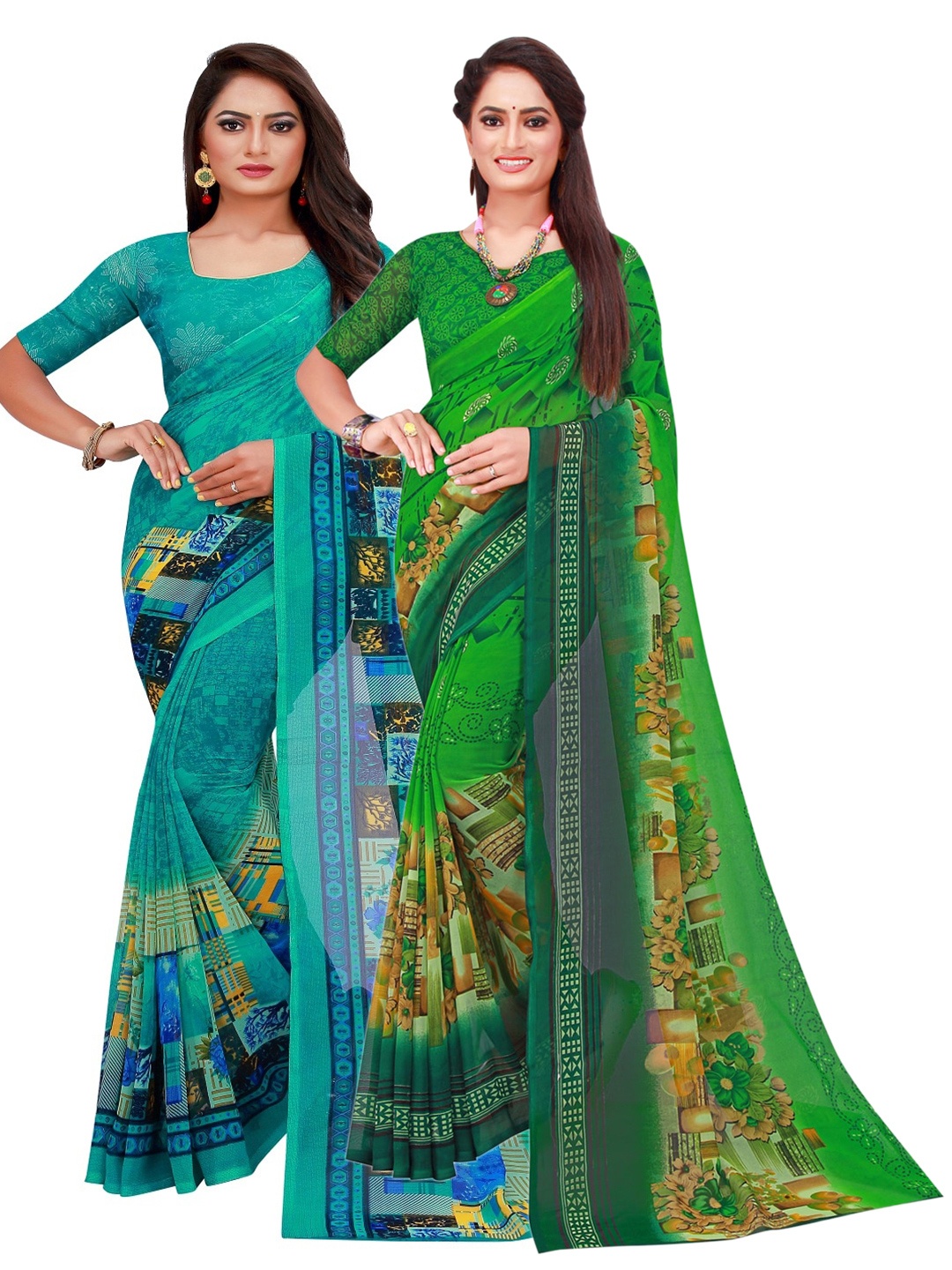 

Florence Pack of 2 Green & Teal Floral Pure Georgette Saree