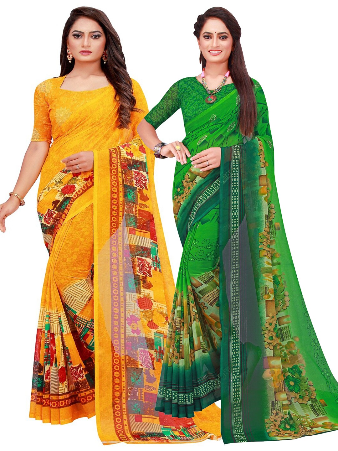 

Florence Pack Of 2 Green & Yellow Floral Printed Pure Georgette Saree