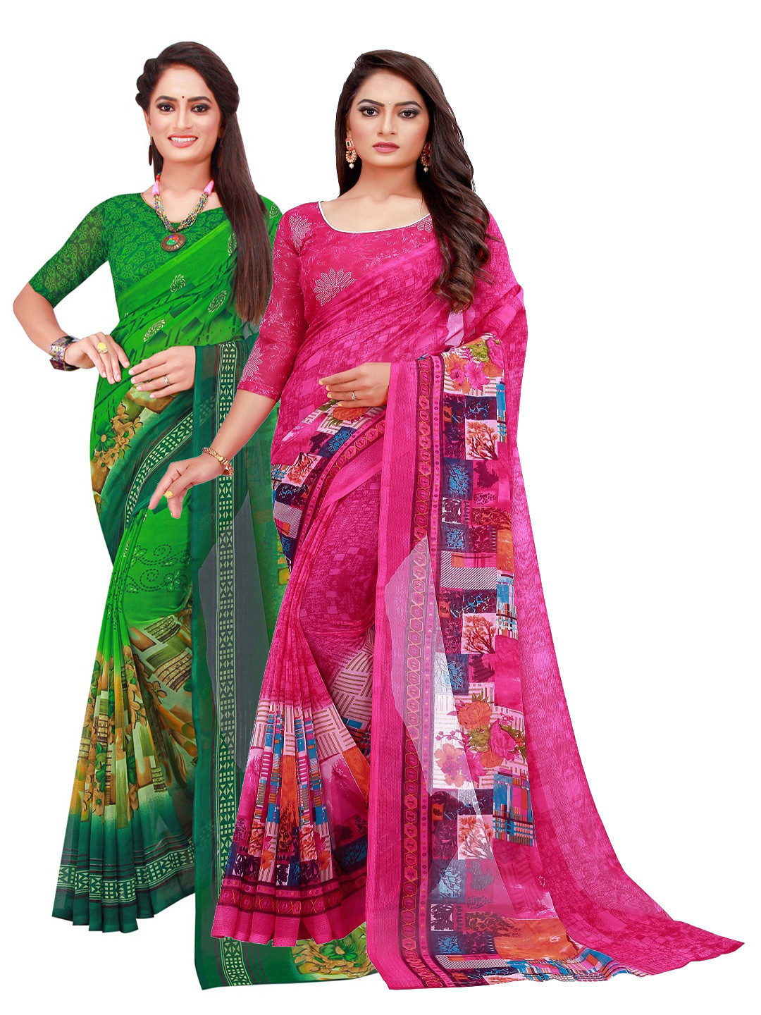 

Florence Green & Pink Floral Pure Georgette Saree
