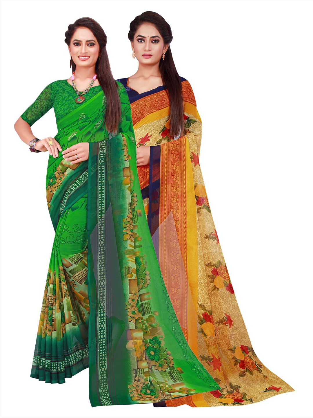 Florence Green & Yellow Pack of 2 Floral Pure Georgette Saree