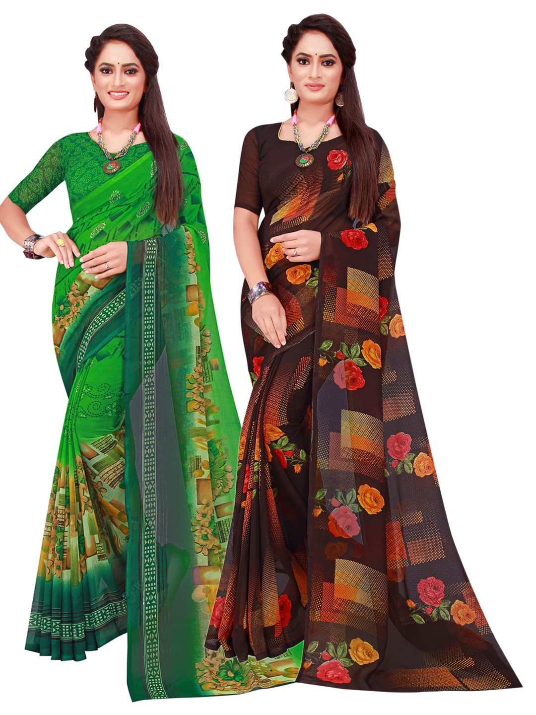 

Florence Green & Navy Blue Pack of 2 Floral Pure Georgette Saree