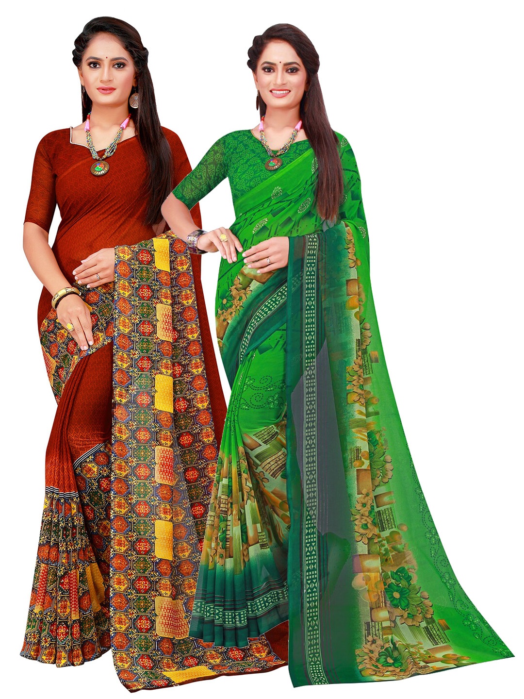 

Florence Green & Maroon Set Of 2 Pure Georgette Saree