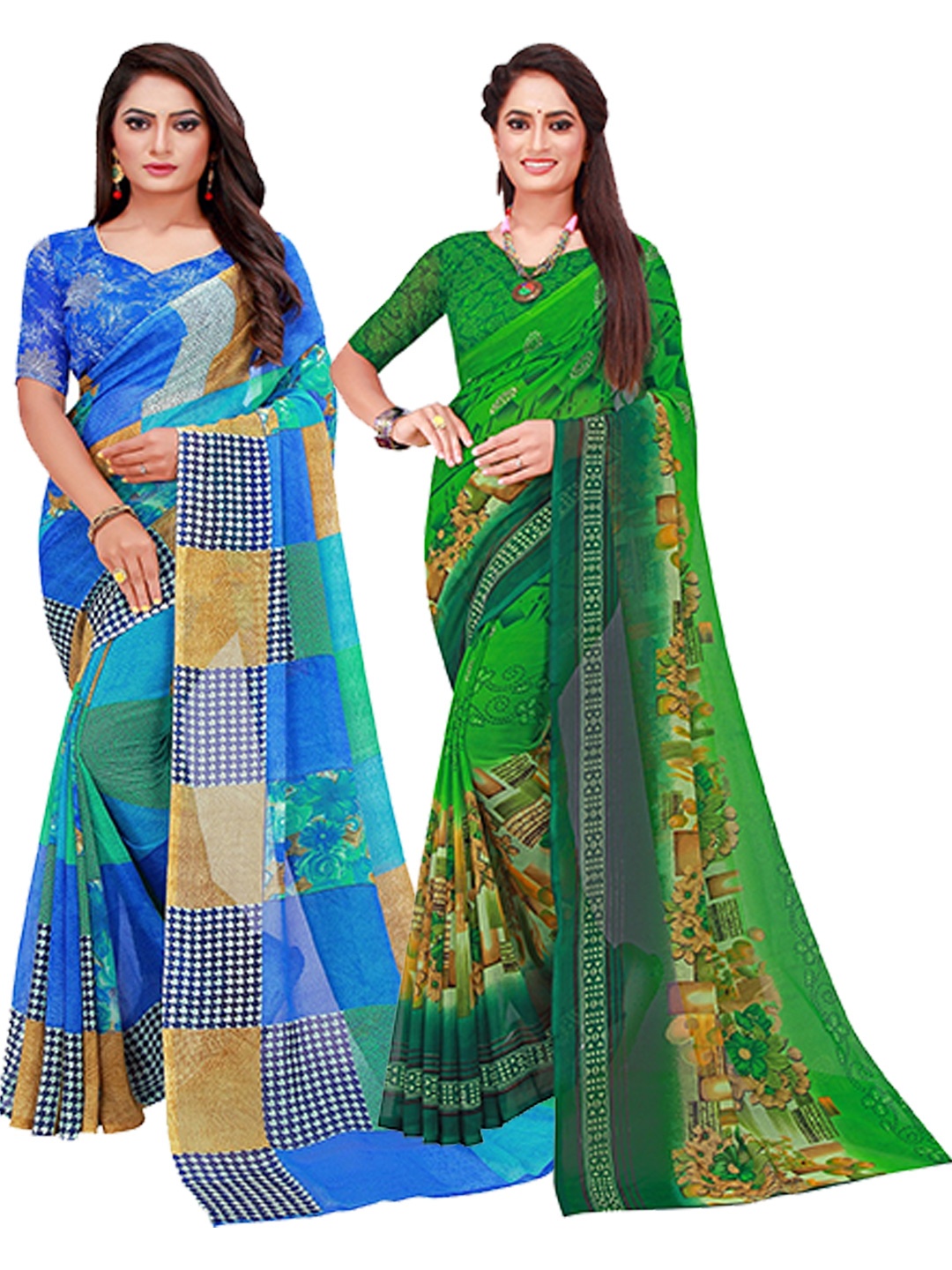 Florence Green & Blue Set Of 2 Pure Georgette Saree