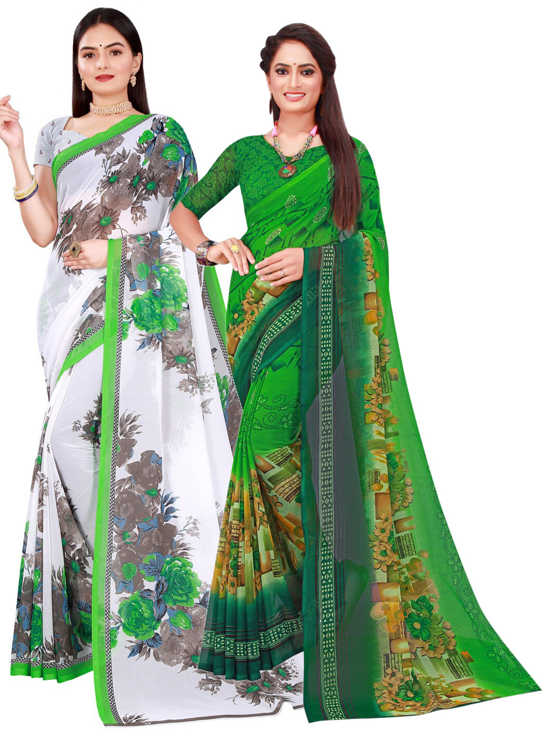 

Florence Green & White Set Of 2 Pure Georgette Saree