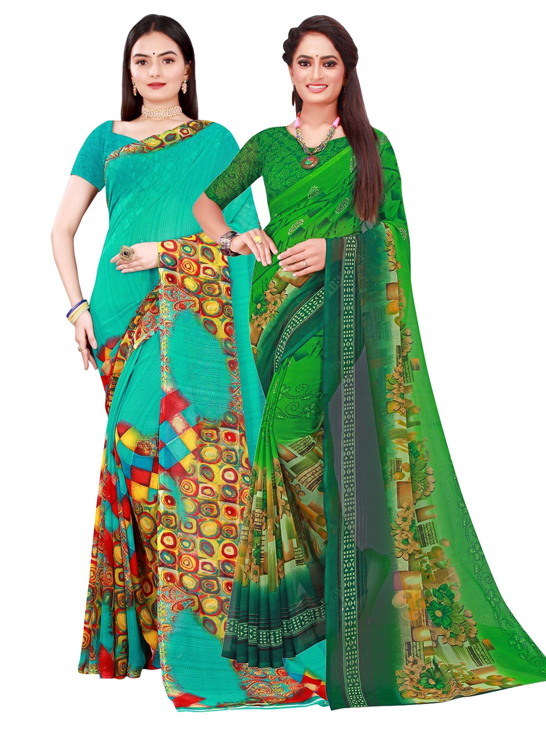 

Florence Green & Teal Pack of 2 Floral Pure Georgette Saree