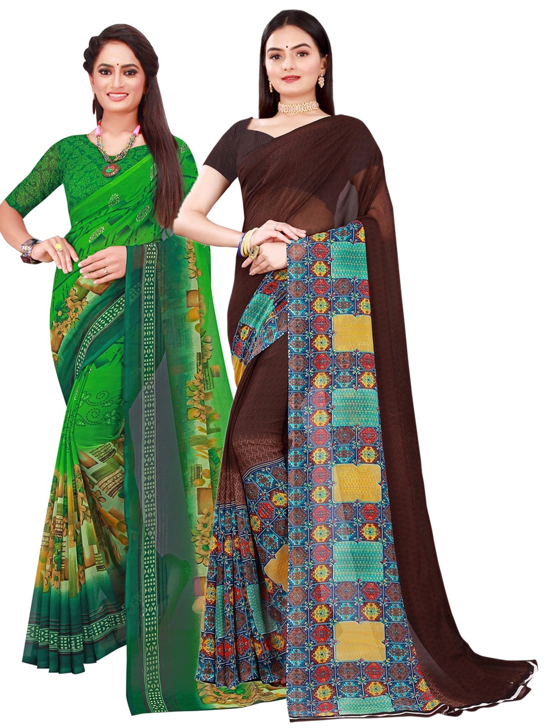 

Florence Green & Maroon Set Of 2 Pure Georgette Saree