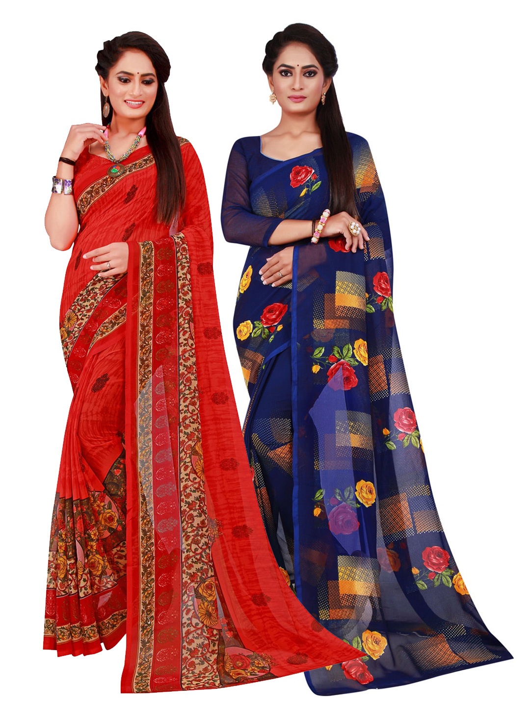 

Florence Red & Navy Blue Floral Printed Pure Georgette Saree Pack Of 2