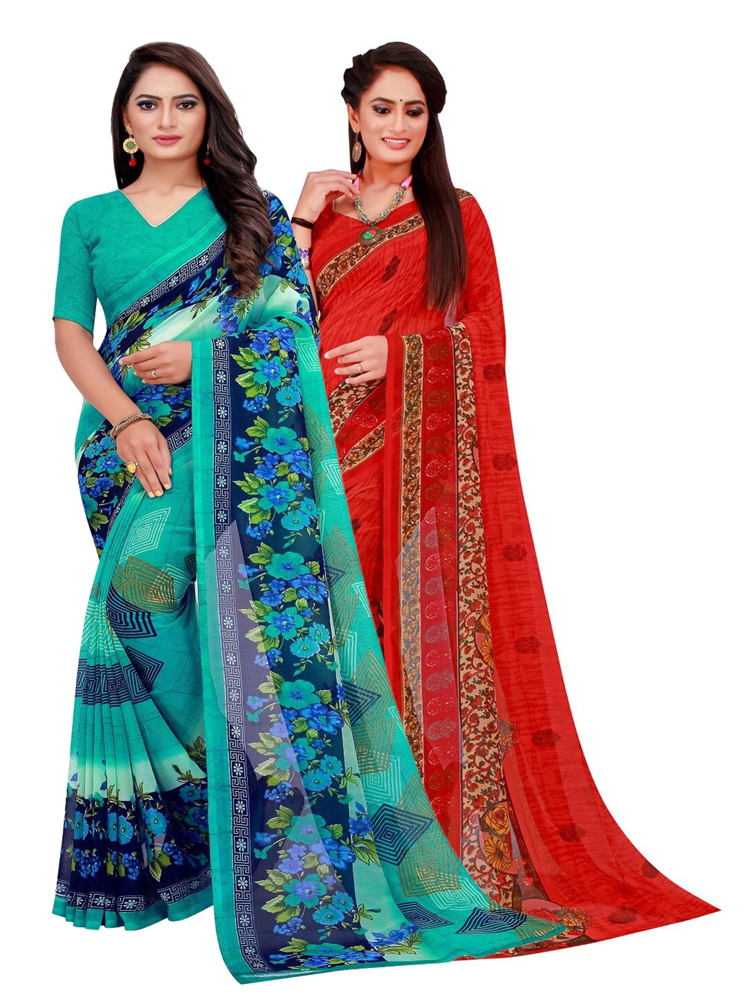 

Florence Turquoise Blue & Red Set Of 2 Pure Georgette Saree