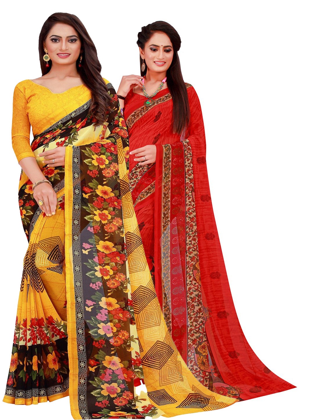 

Florence Yellow & Red Pack of 2 Floral Pure Georgette Saree