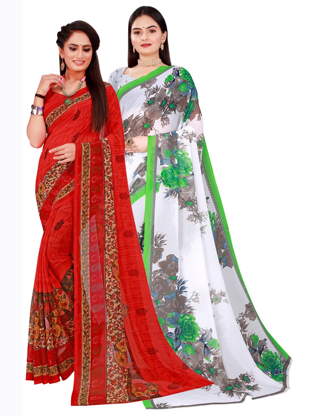 

Florence Red & White Set Of 2 Pure Georgette Saree