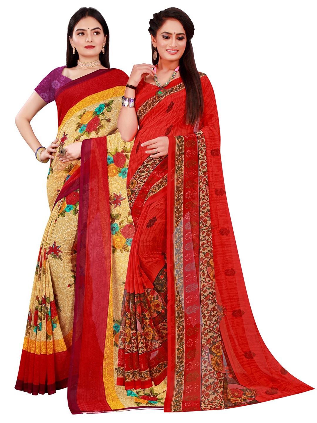 

Florence Beige & Red Set Of 2 Pure Georgette Saree