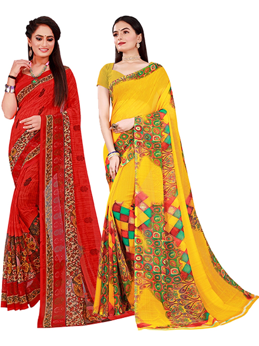 

Florence Red & Yellow Set Of 2 Pure Georgette Saree