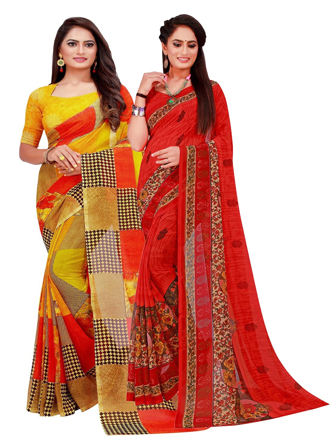 

Florence Red & Yellow Pack of 2 Floral Pure Georgette Saree