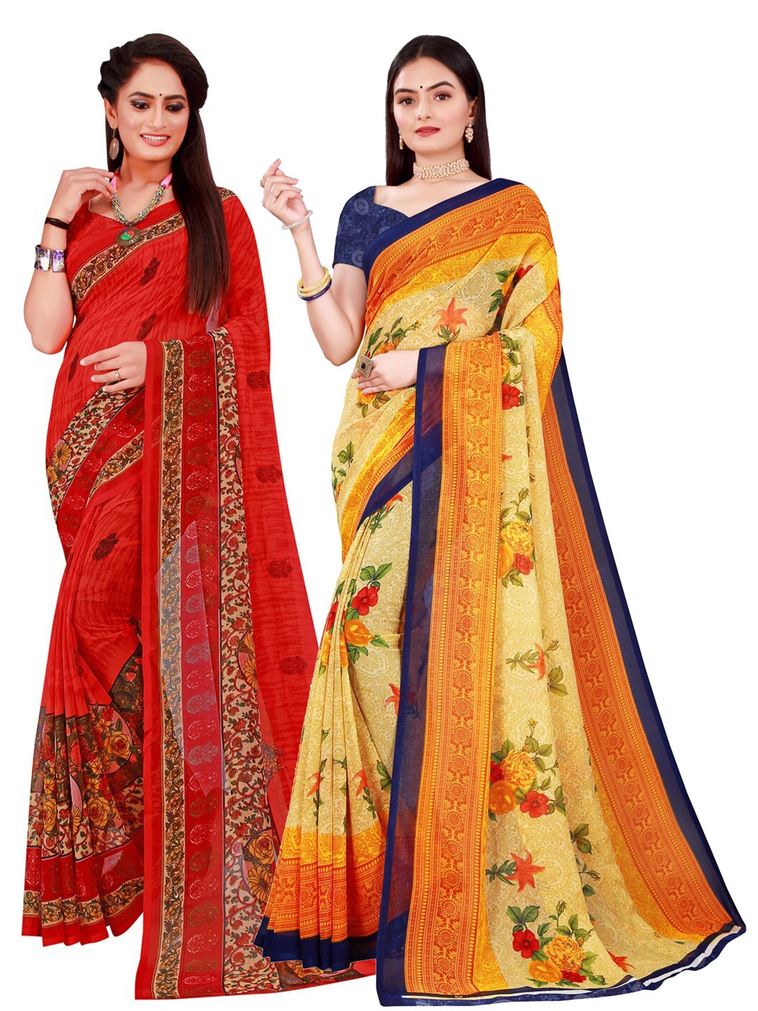 

Florence Beige & Red Set Of 2 Pure Georgette Saree