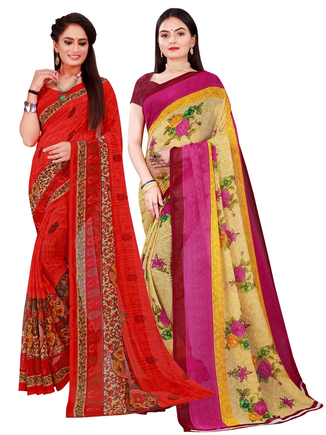 

Florence Pack Of 2 Beige & Red Floral Pure Georgette Saree