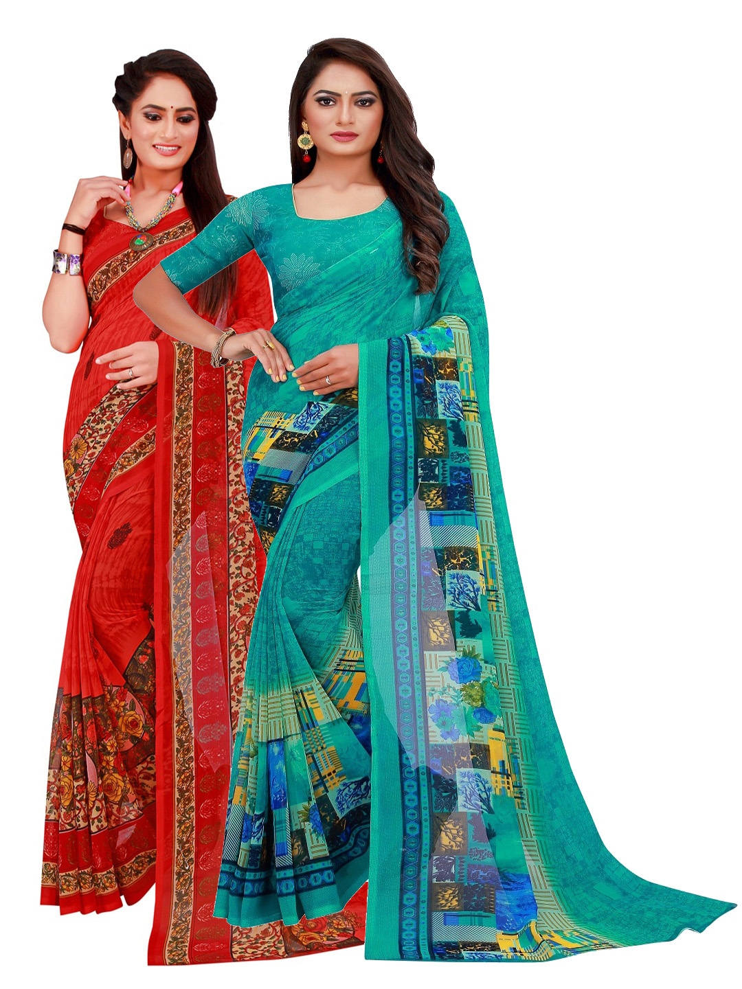 

Florence Turquoise Blue & Red Pack of 2 Floral Pure Georgette Saree