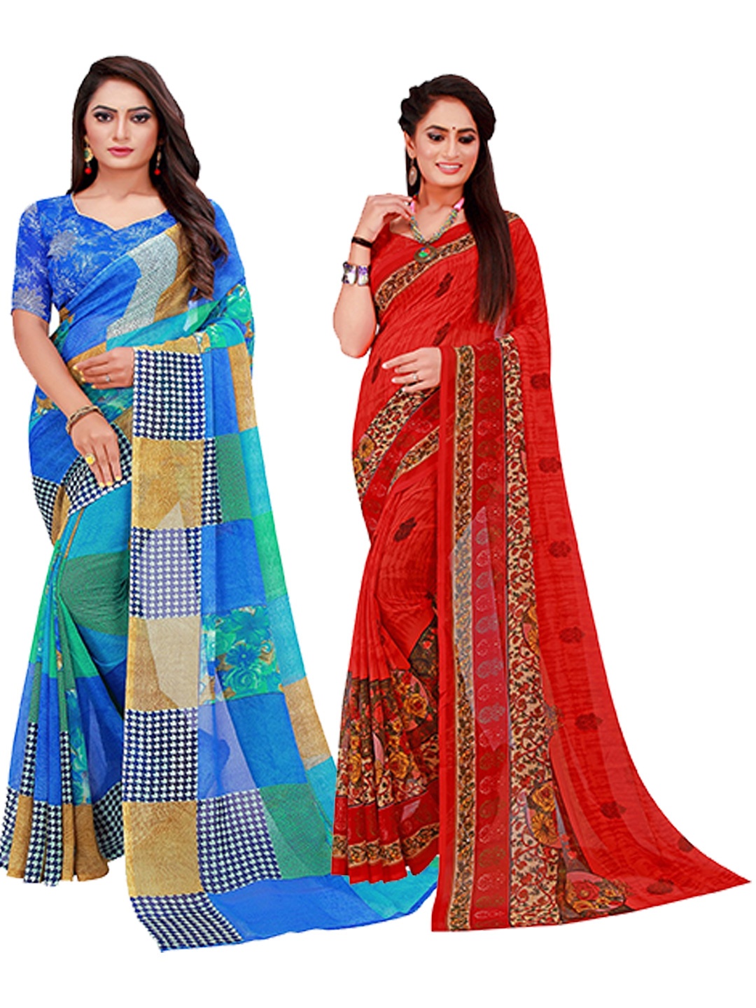 

Florence Pack Of 2 Blue & Red Floral Printed Pure Georgette Saree