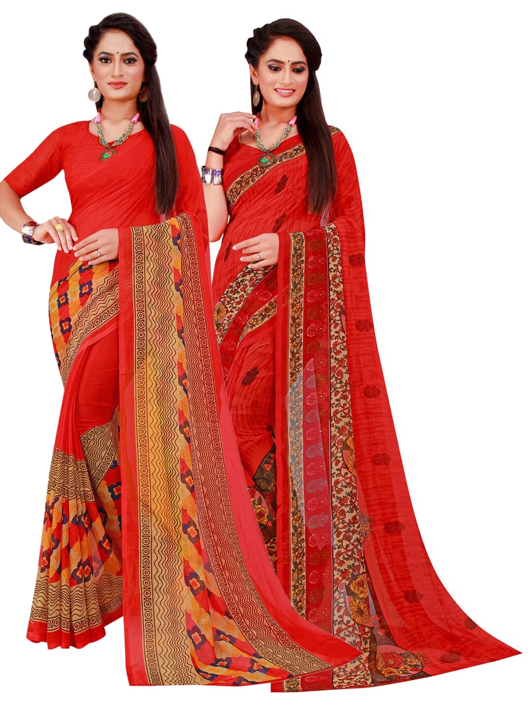 Florence Red Pack of 2 Floral Pure Georgette Saree
