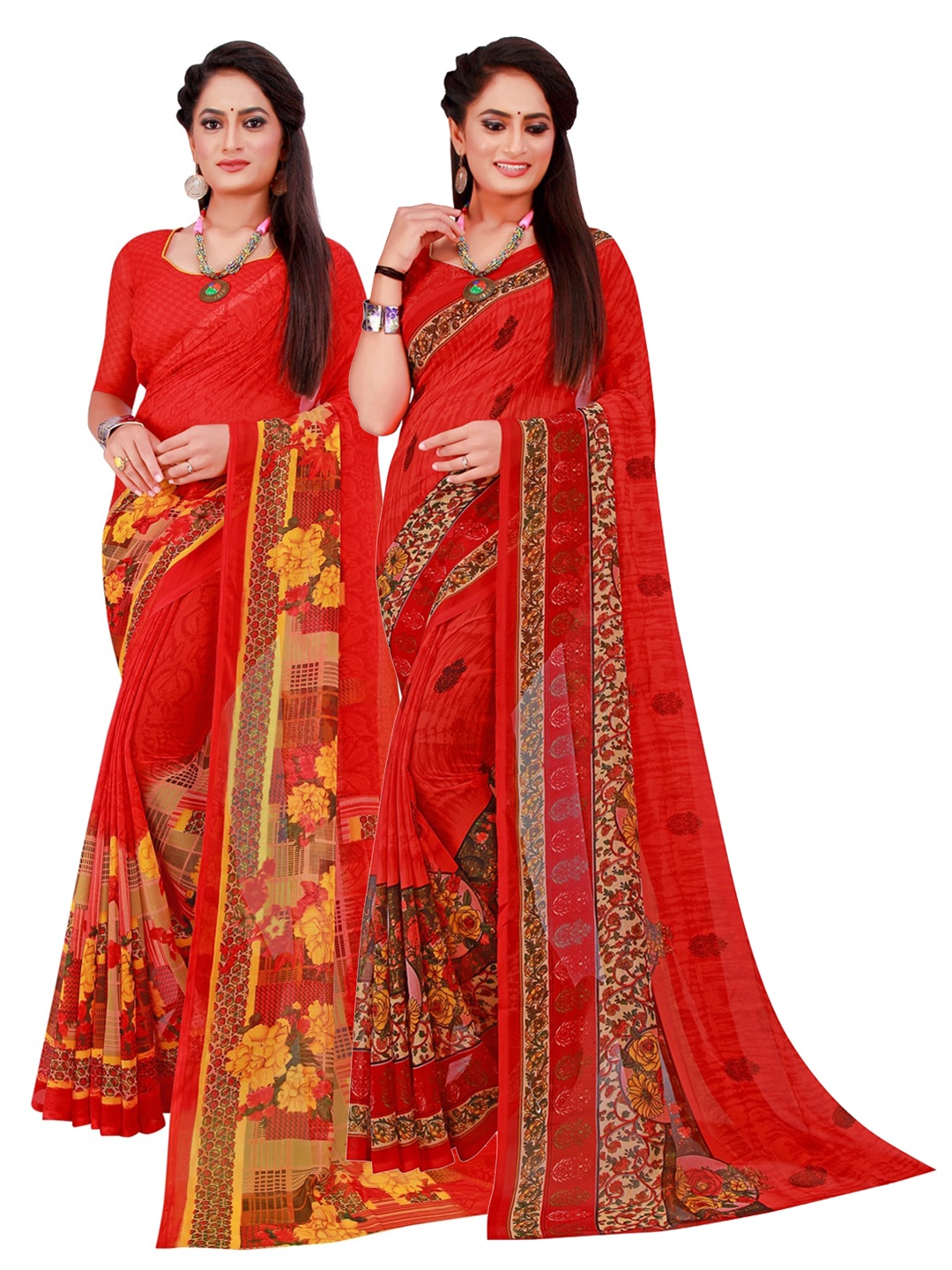 

Florence Red & Yellow Set Of 2 Floral Pure Georgette Saree